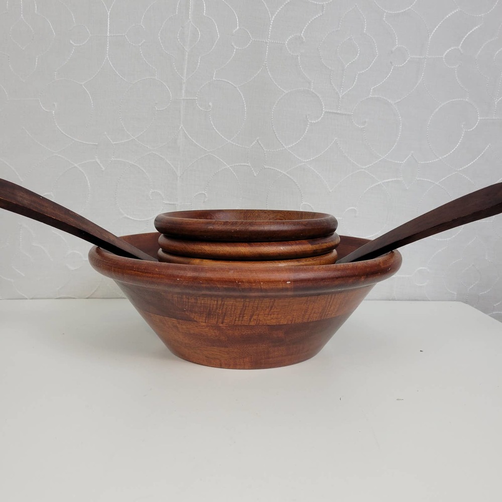 Wooden Salad Bowl Set with Tongs Vintage Kitchen Home Servings - Picture 1 of 7